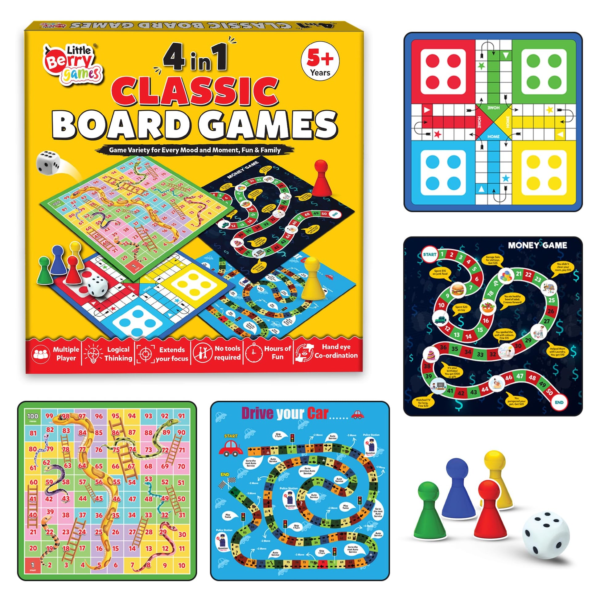 Little Berry 4 In 1 Classic Board Games Set For Kids & Family | Includes Ludo, Snakes & Ladders, Drive Your Car & Money Game | I
