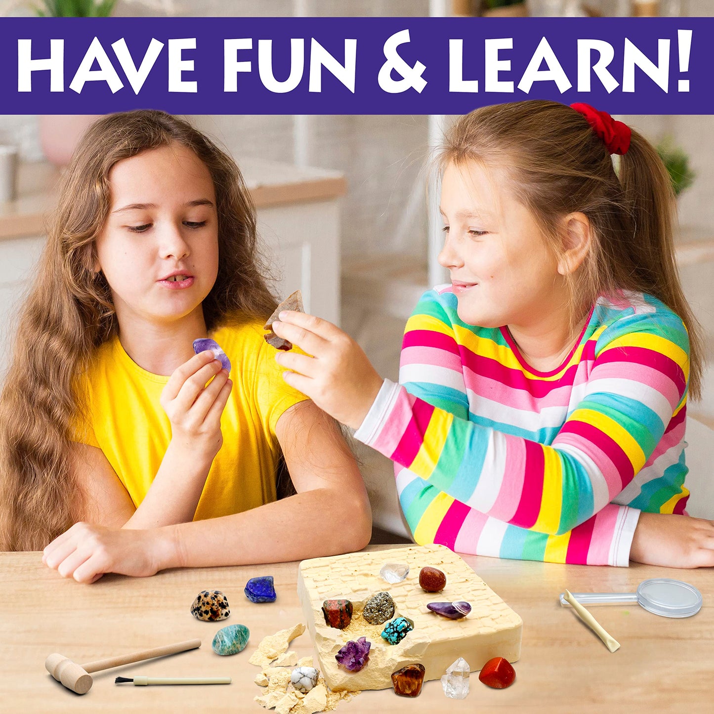 Dancing Bear Gem Dig Kit - Excavate 16 Gems & Crystals Including Arrowheads, Quartz, Amethyst - Stem Education Gift Set For Kids