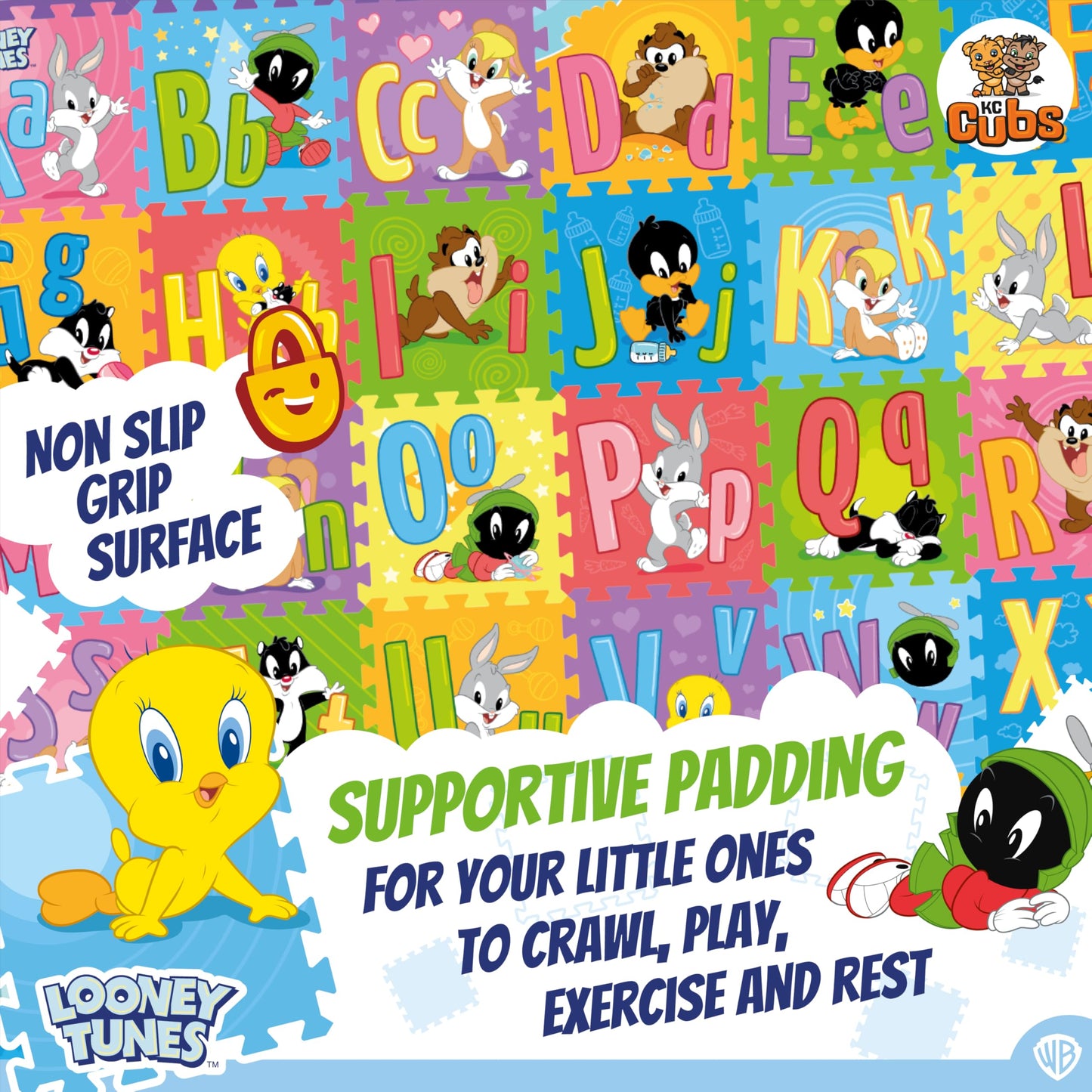 Looney Tunes ABC, Numbers & Shapes EVA Foam Puzzle Mat Non-Toxic Play Mat for Tummy Time, Kids Preschool & Nursery - 36 Tiles, 1