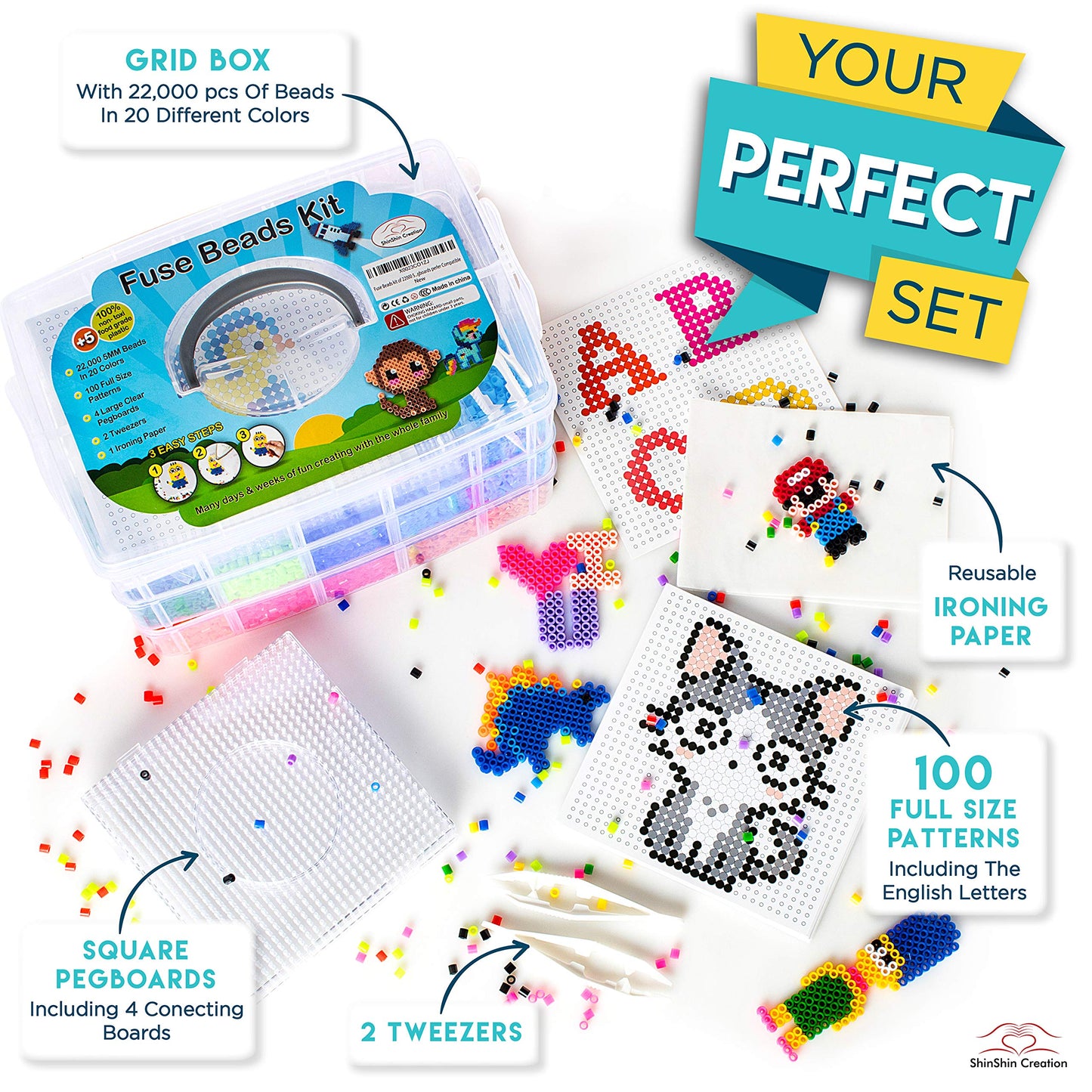 XXL Fuse Beads kit, Melty Beads Melting Beads for Kids Crafts | Iron Beads for Kids kit - Fuse Beads pegboards, pearler Beads. H