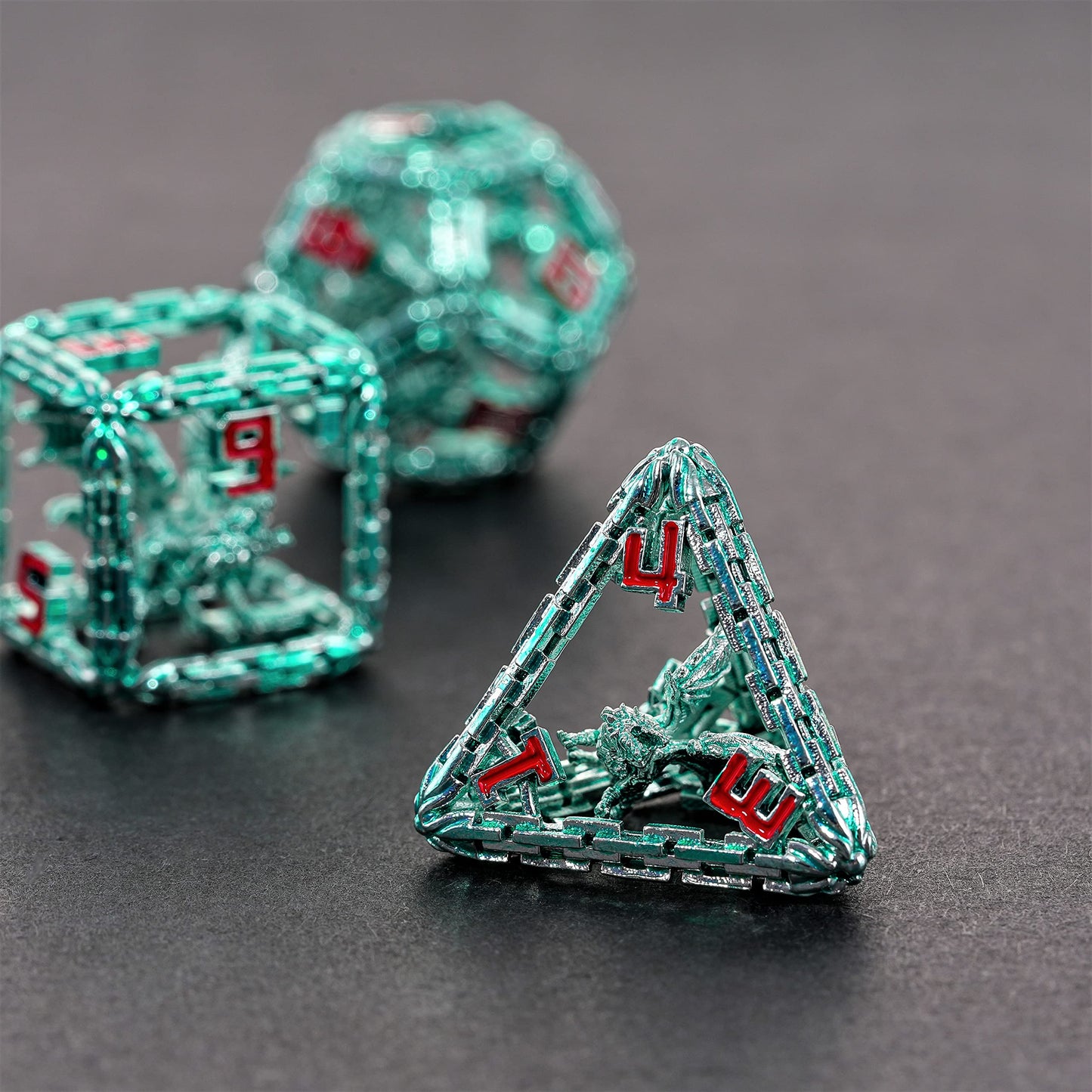 Metal Dice Set for DND and RPG - Imprisoned Dragon Core Design - Beautiful Stunning & Intricate Polyhedral Dice Set for D&D Dung
