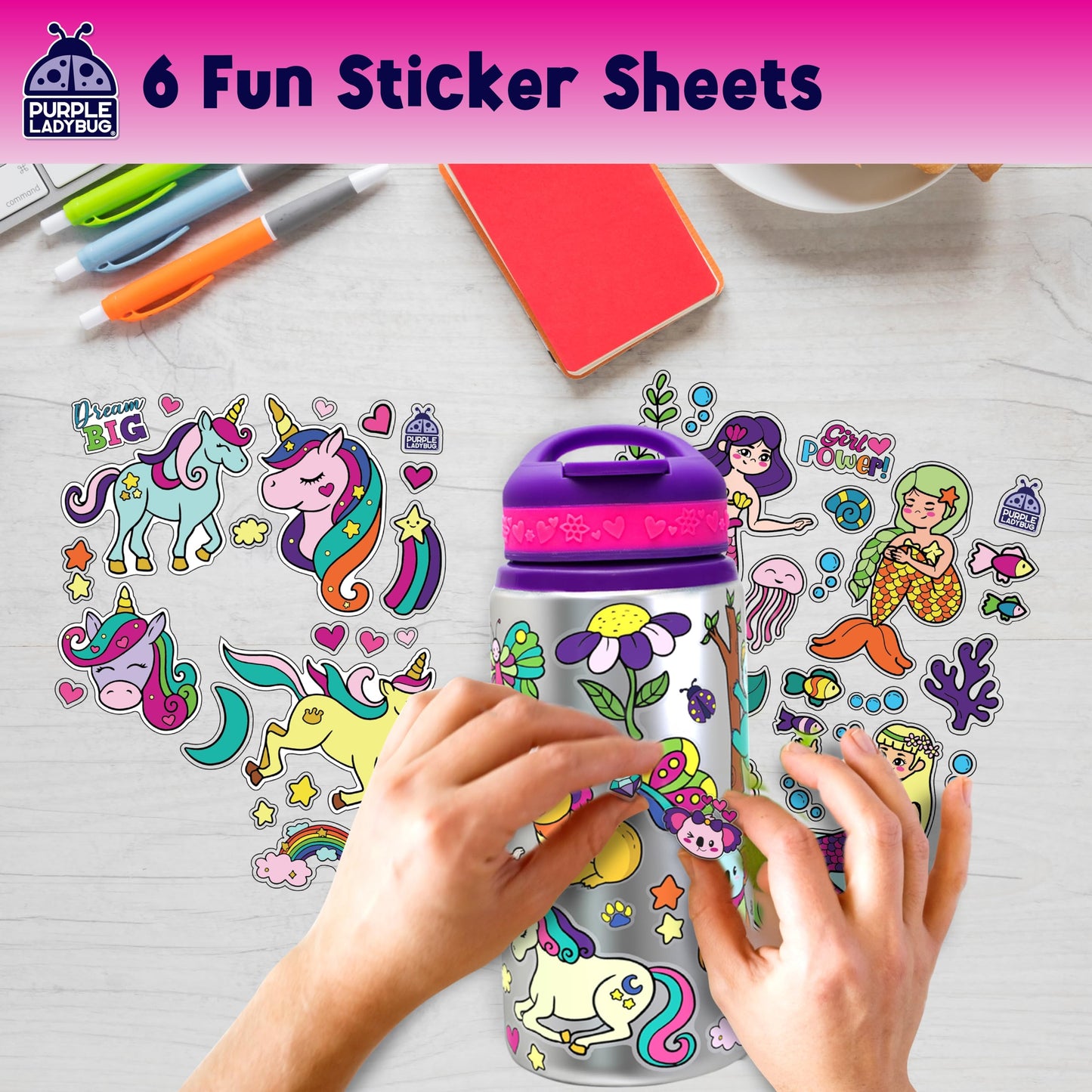 Purple Ladybug Decorate Your Own Water Bottle For Girls - Includes Trendy Stickers, Easter Gift For Ages 5-8, Birthday Or Valentines Gift, Great For Little Girls