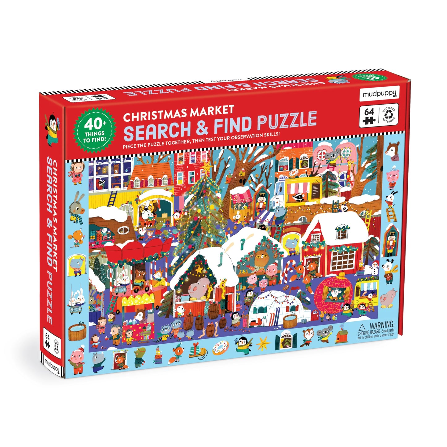 Mudpuppy Christmas Market - 64 Piece Search & Find Jigsaw Puzzle Featuring Festive Critters Shopping Around The Christmas Market