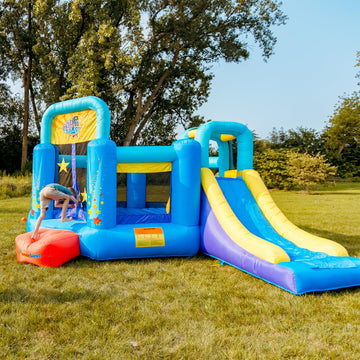 Bounceland Pop Star Inflatable Bounce House Bouncer (No Blower), Large Bouncing Area With Long Slide, Climbing Wall, Basketball Hoop, 15 Ft X 13 Ft X 8.3 Ft H, Pop Star Kids Party Theme