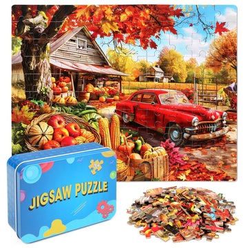 Lelemon Autumn Jigsaw Puzzles In A Metal Box 100 Pieces Autumn Pumpkin Red Car Maple Leaves Jigsaw Puzzle For Kids Ages 4-8 Chil