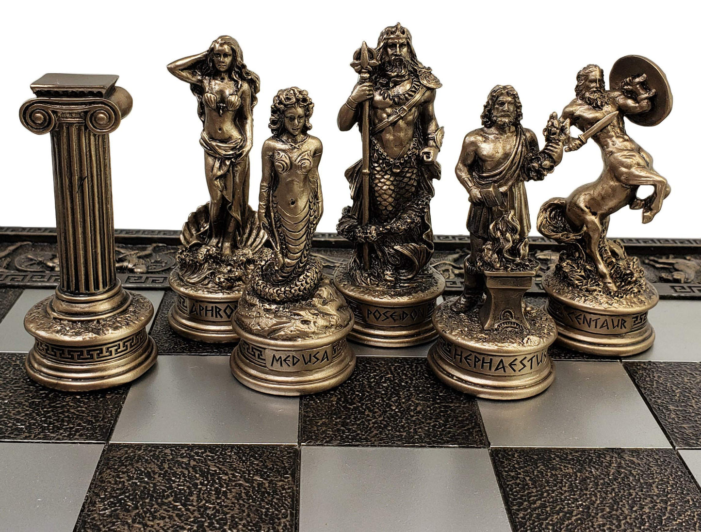 HPL Greek Mythology Chess Set - Zeus vs Poseidon - 17" Bronze Color Board - Pewter & Resin Pieces