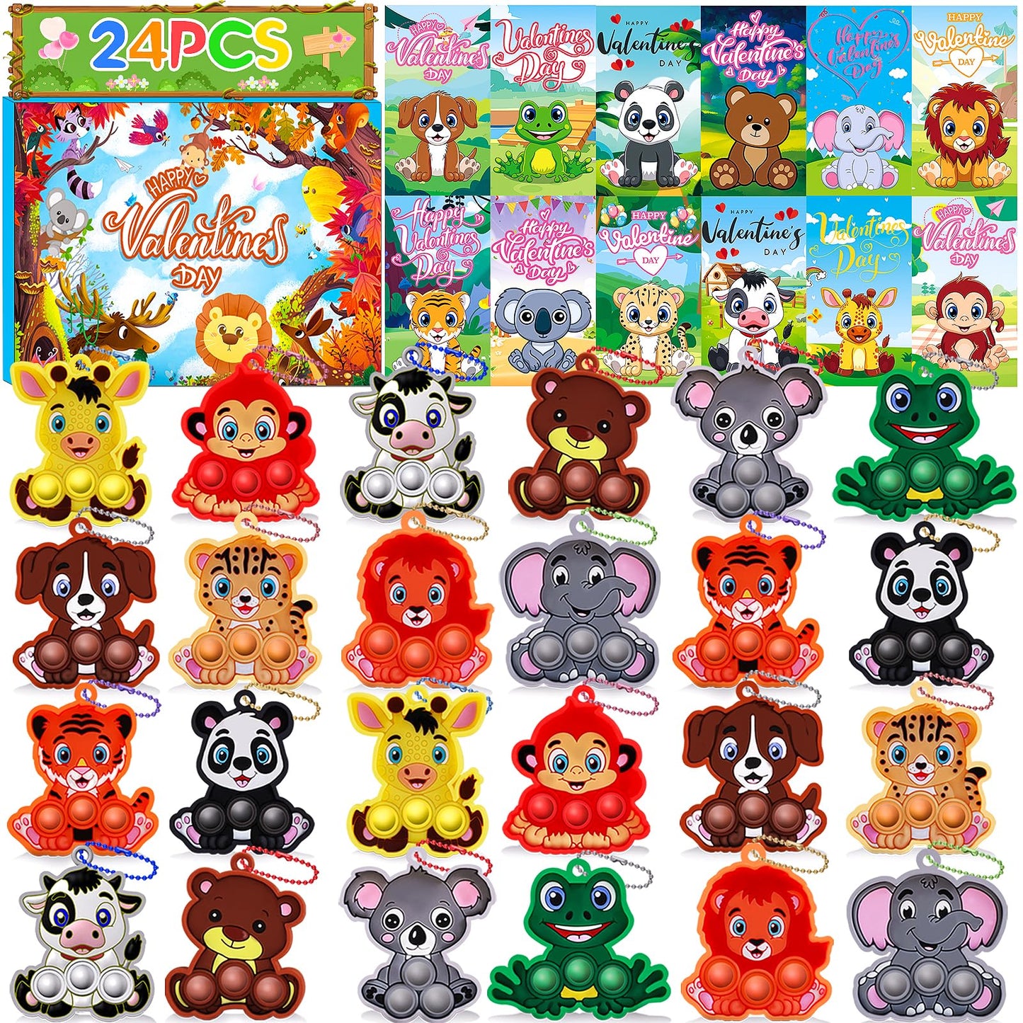 24 PACK Valentines Day Gifts for Kids,Valentines Cards for Kids Classroom with Animals Pop Fidget Toys,Valentines Exchange Gifts