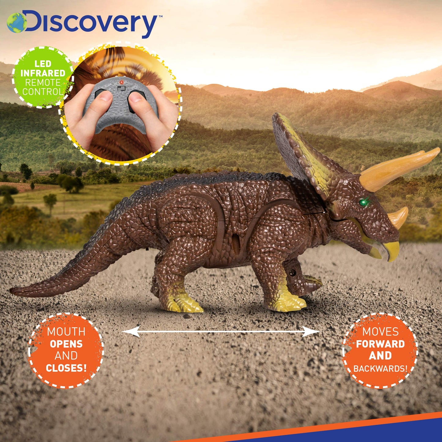 Discovery Kids Rc Triceratops, Led Infrared Remote Control Dinosaur, Built-In Speakers W/Digital Sound Effects, 8.75'' Long, Inc