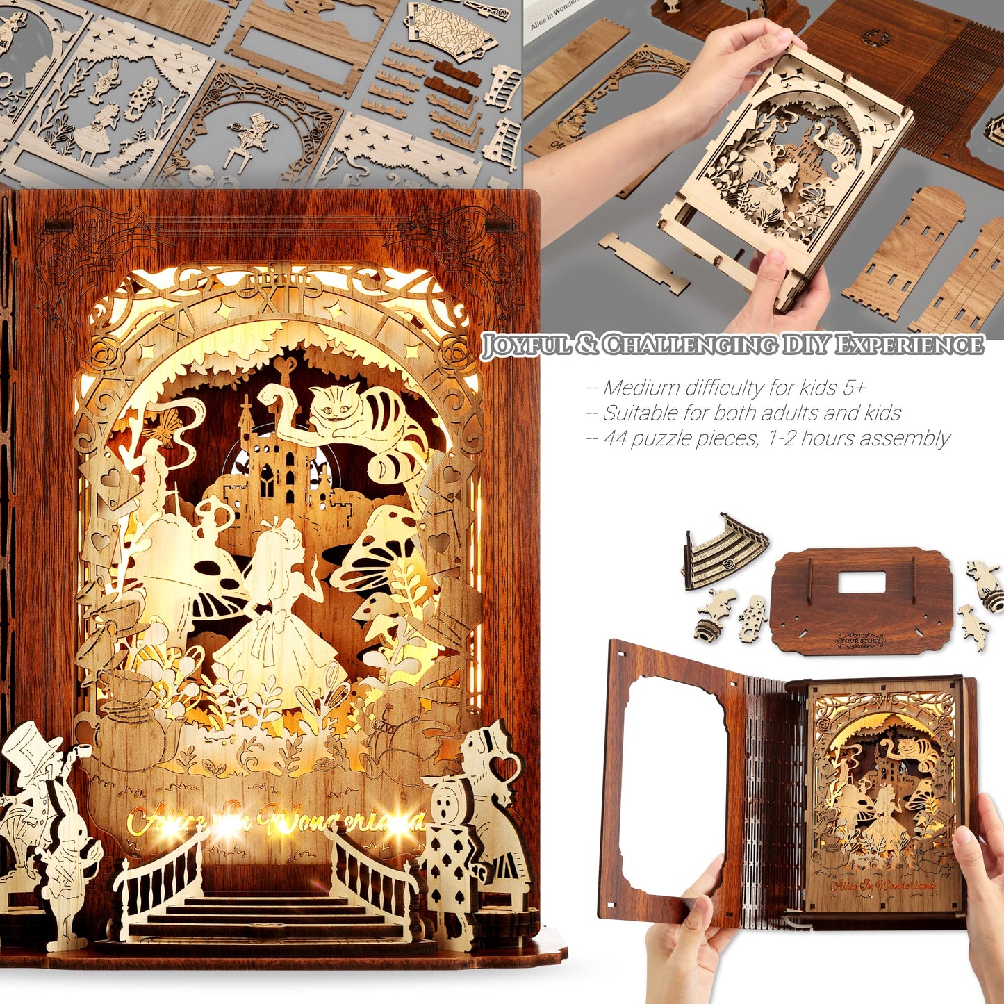 FUNPOLA 3D Puzzle Nightlight - DIY LED Book Lamp, Wood Decor for Kids & Adults, Alice in Wonderland Model