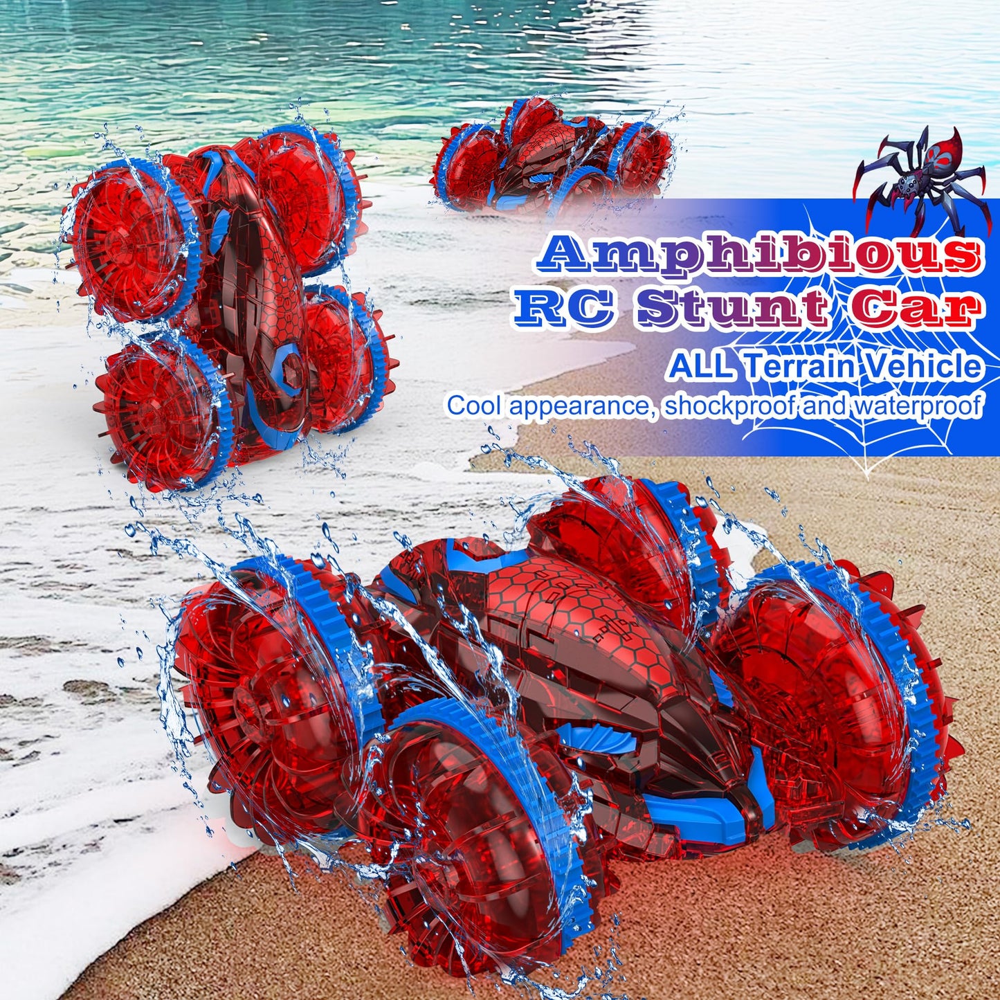 Spider Amphibious Remote Control Car for Kids with LED Lights, RC Boats for Boys Age 6 7 8 9 10 11 12, 2.4GHz 4WD Spide RC Stunt