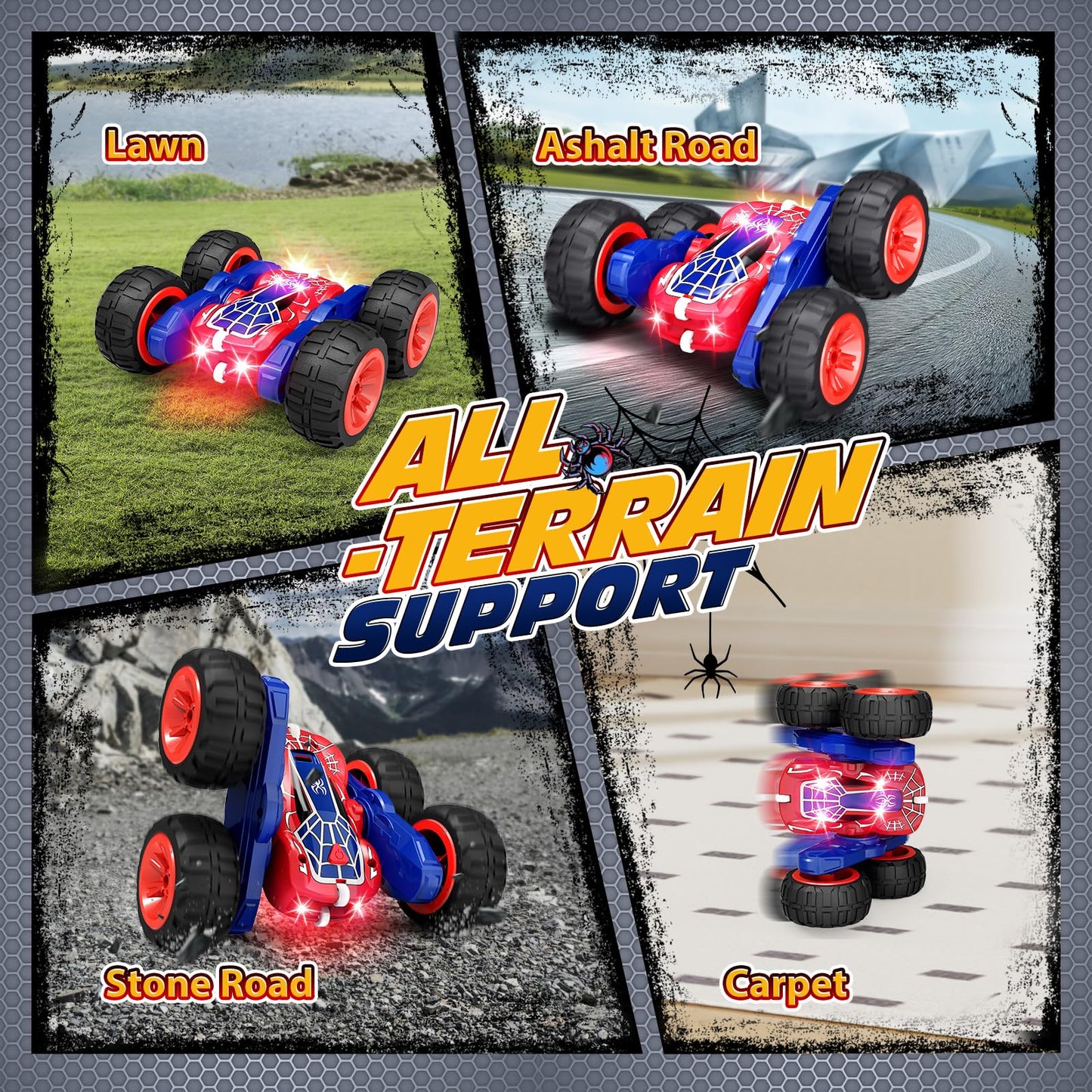 Tecnock Spider Remote Control Car for Kids, 2.4GHz RC Car with Type-C Easy Charging, 4WD Double Sided 360 Rotates and Flips RC S
