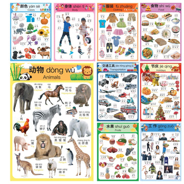 N/A/ Chinese Learning 10-Poster Set For Kids. Montessori-Inspired. Bilingual With Simplified Chinese, English, And Pinyin.