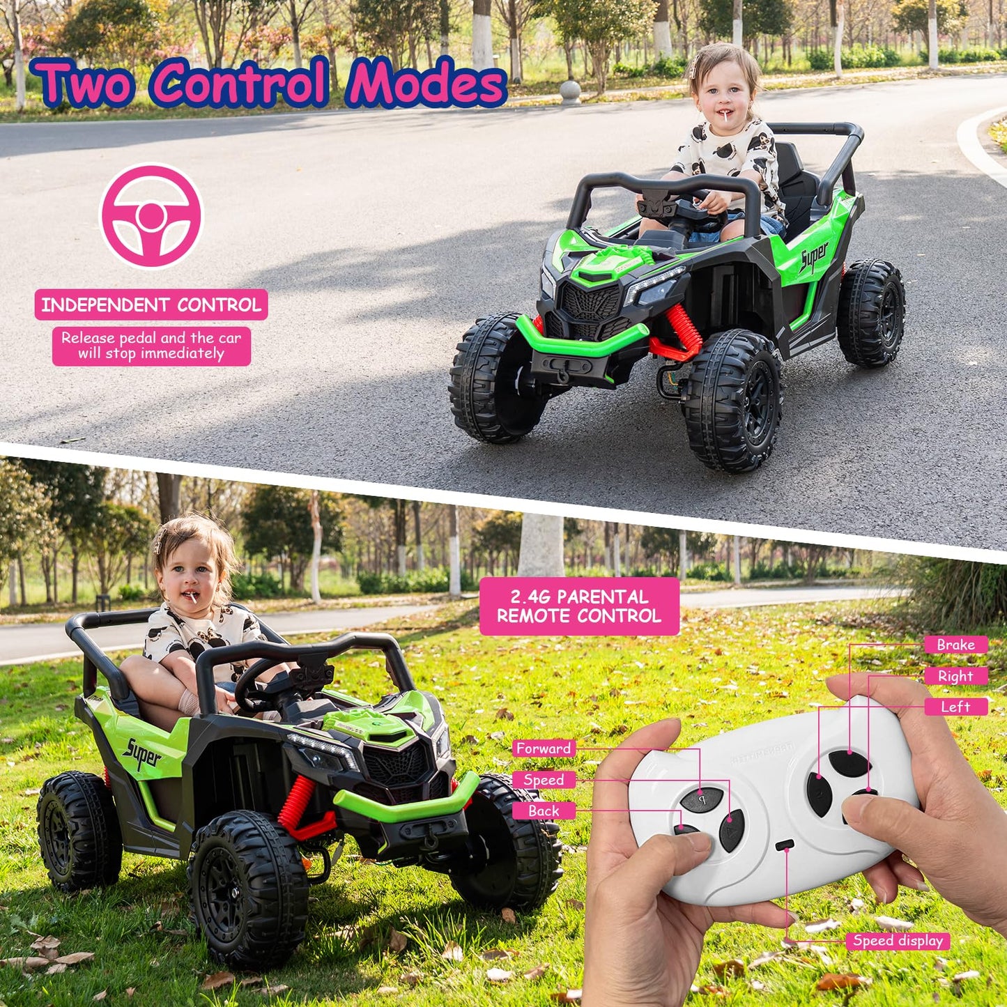 Run Fast 12v Ride on Car with Parent Remote Control Electric Ride on UTV Toys Car for Kids 3-5 2WD 25W Motors 4 Spring Suspension Safety Belt Horn Music and LED Lights (Green  12V)