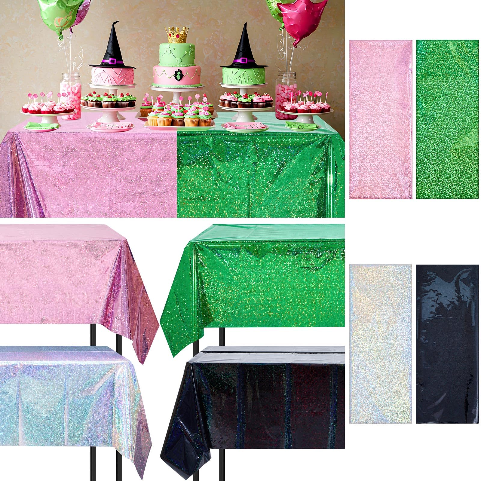 LOYIM 4 Pcs Witch Holographic Tablecloth for Party Pink Green Silver Black 54 x 108 Witch Princess Theme Decorations Iridescent 