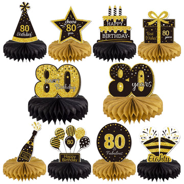 Gexolenu 10 Pcs 80Th Birthday Honeycomb Centerpieces Gold Black Cheers To 80 Years Birthday Centerpieces Tables Toppers For 80Th