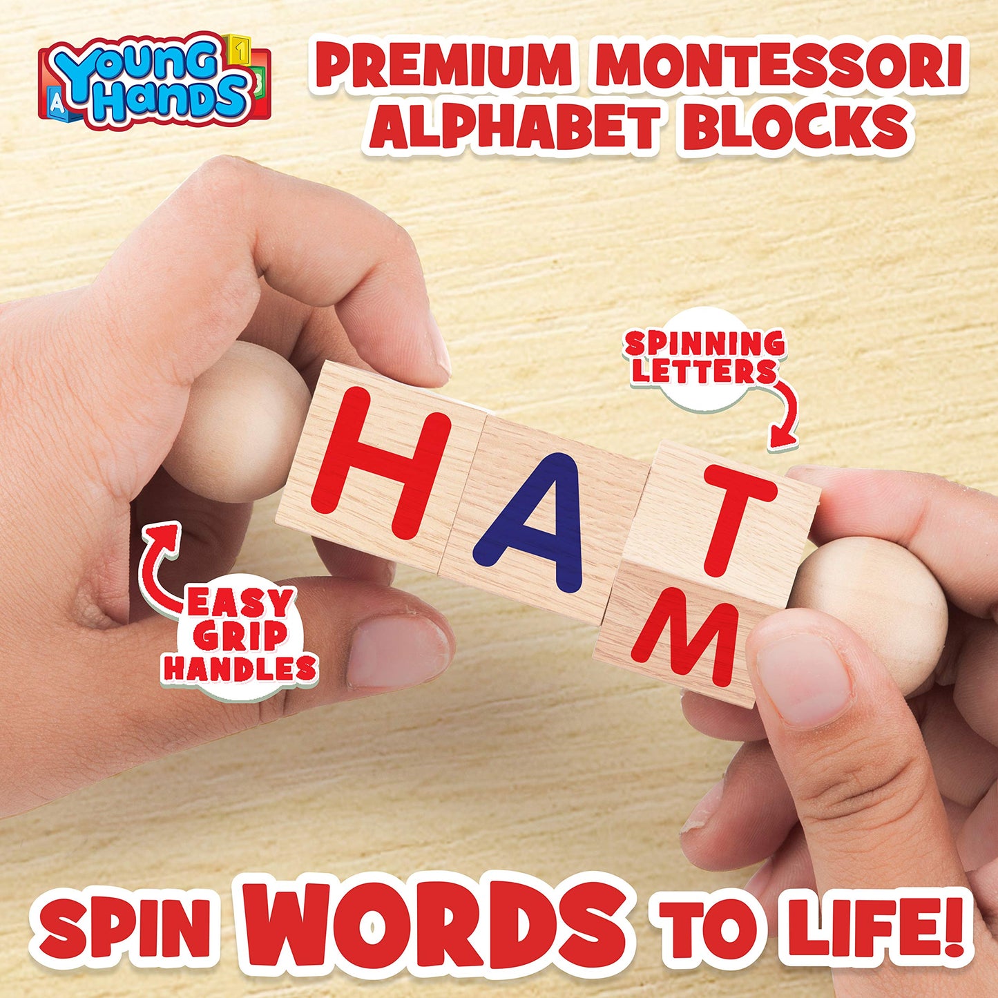 Creative Kids Wooden Reading Blocks - Set of 5 Spinning Alphabet Blocks, Multicolor, Easy-Grip, Small, Model 78046