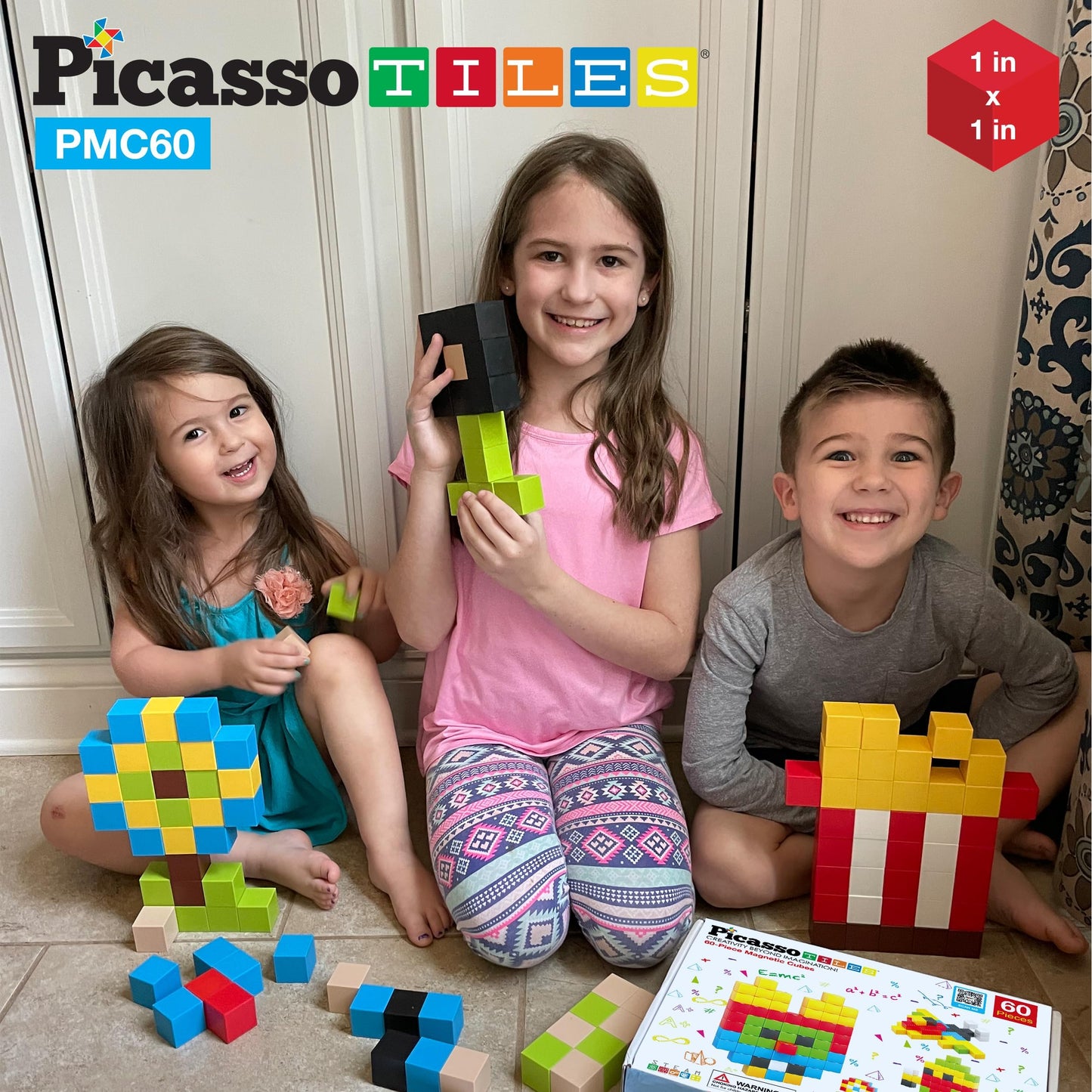 Picassotiles 60 Pieces 1'' Magnetic Building Blocks, 3D Construction Cubes Magnet Sensory Toys Gifts With Free Idea Book For Kid