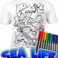 Splat Planet Color-in Sea Life T-Shirt with 6 Non-Toxic Washable Magic Pens - Color-in and Wash Out T-Shirt (7-8 Years) White