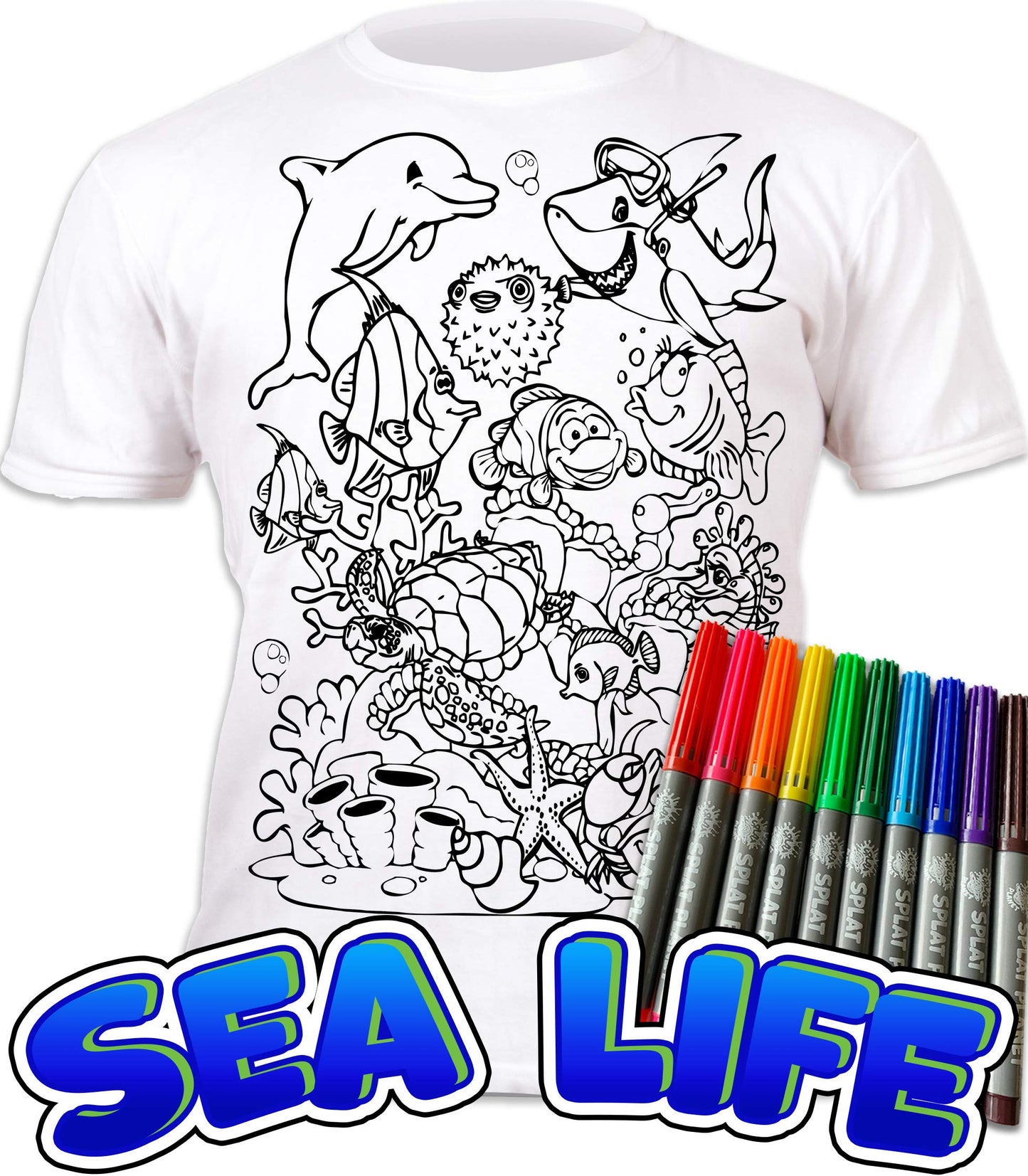 Splat Planet Color-in Sea Life T-Shirt with 6 Non-Toxic Washable Magic Pens - Color-in and Wash Out T-Shirt (7-8 Years) White