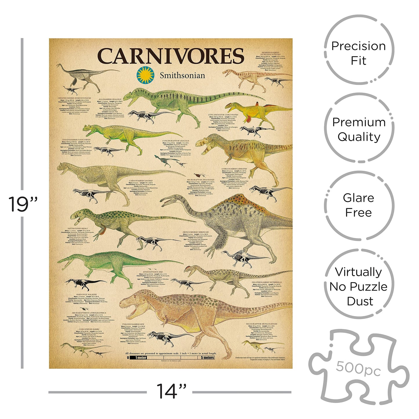 Aquarius Smithsonian Carnivore Dinosaurs Puzzle (500 Piece Jigsaw Puzzle) - Glare Free - Precision Fit - Officially Licensed Smithsonian Merchandise & Collectibles - 14 X 19 Inches