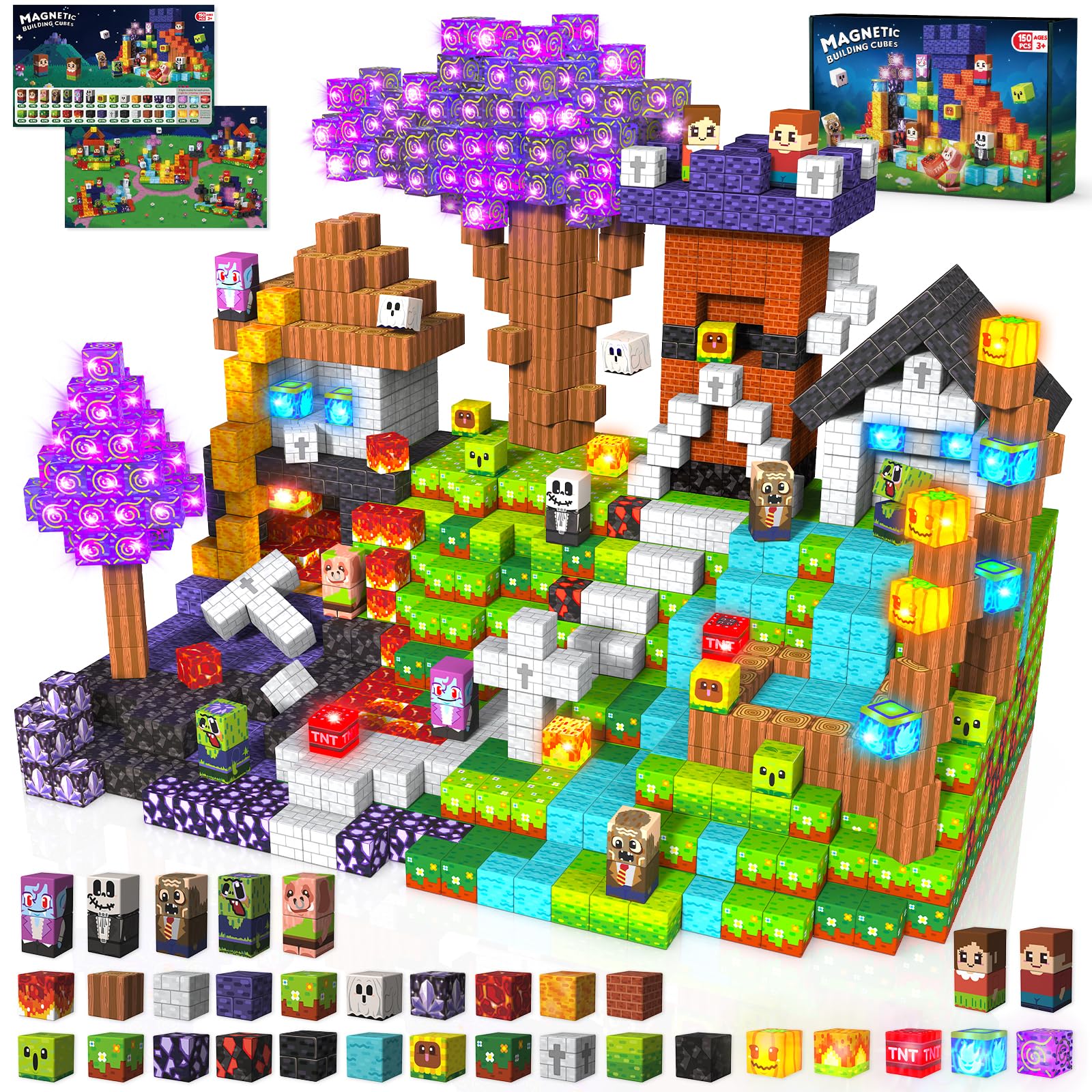 Goody King 150pcs Magnetic Blocks with Light Blocks, Stem Educational Magnet Toys for Kids Ages 3+, Montessori Magnetic Cubes, C