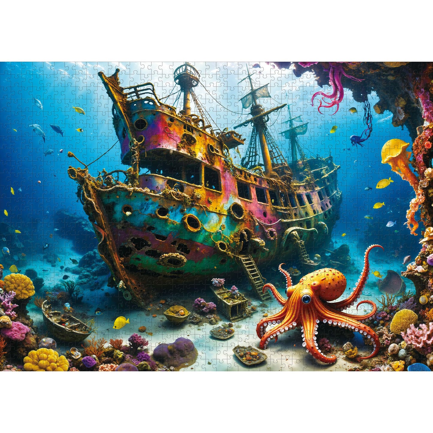 lamplig Puzzles for Adults 1000 Pieces - Octopus Pirate Ship Ocean Sea - 1000 Piece Puzzle for Adults with Letters on Back - Jig