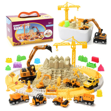 Fweir Play Construction Sand Kit,4 in1 Sandbox 2.8lbs Magic Sand 8 Alloy Construction Trucks 100 pcs Race Tracks 10 Sand Molds 1