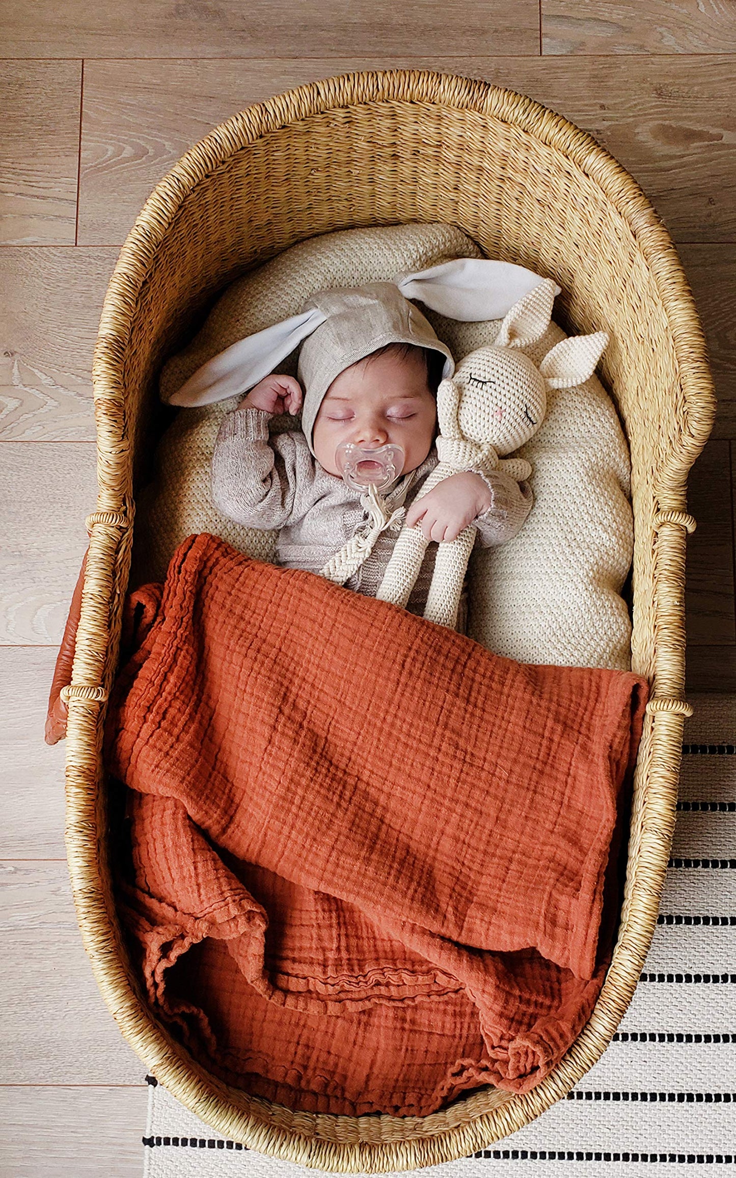 Cotton Crochet Bunny Doll Rattle Sleepy Head Bunny Toy | 13 Inch Baby First Stuffy Amigurumi Buddy Security Blanket Newborn Photo Prop (Gray Sleepy Bunny)