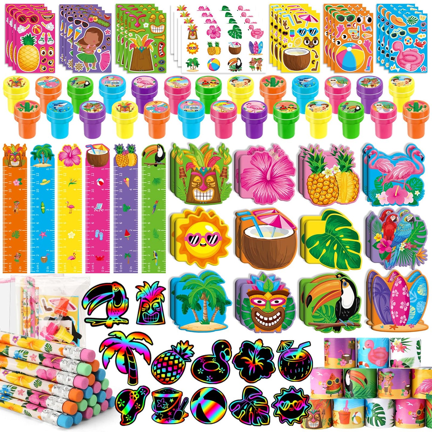 BenLouis 216Pcs Hawaiian Luau Party Favors Aloha Summer Tropical Tiki Theme School Stationery Set Bulk for Kids Beach Pool Birth