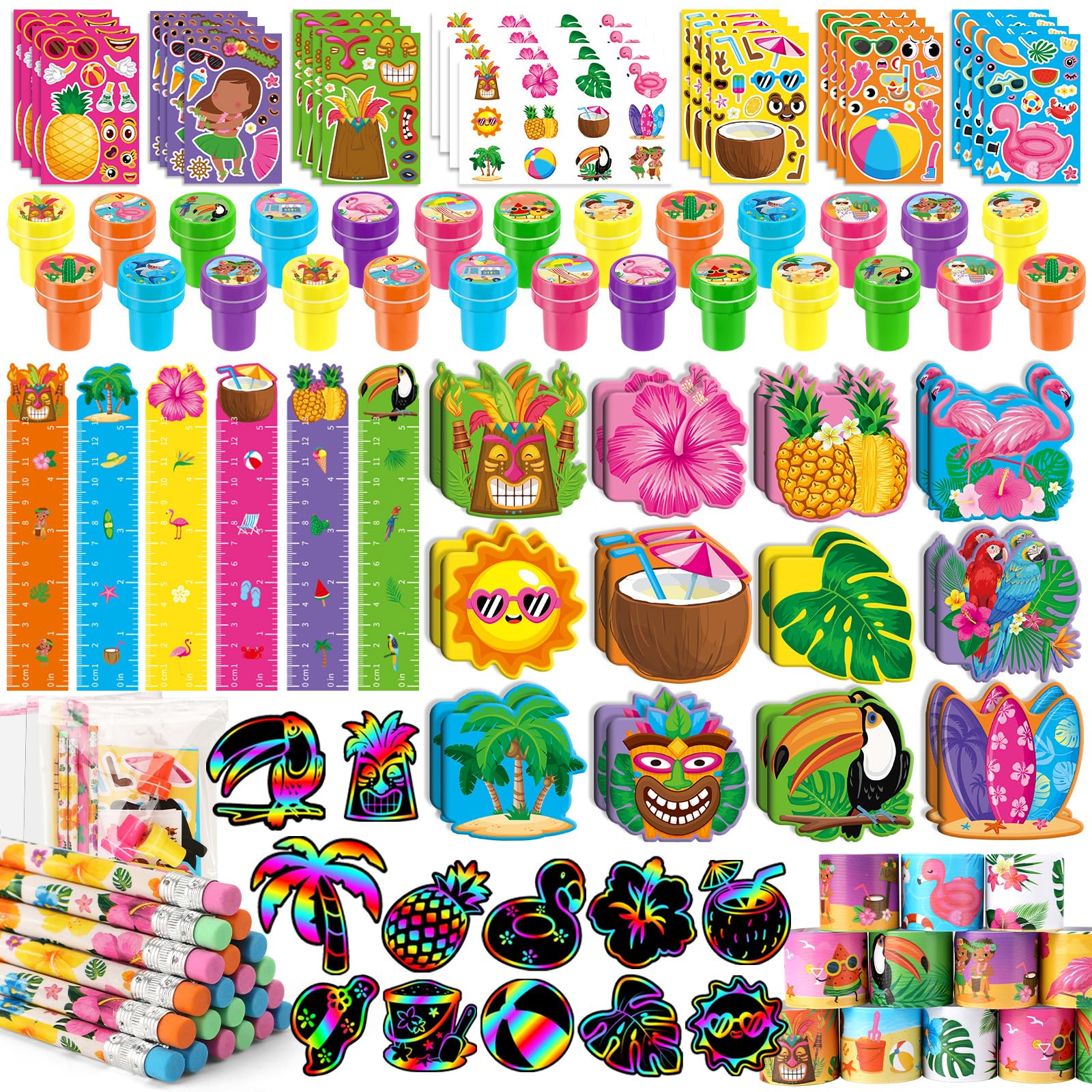 BenLouis 216Pcs Hawaiian Luau Party Favors Aloha Summer Tropical Tiki Theme School Stationery Set Bulk for Kids Beach Pool Birth