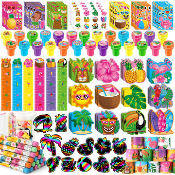 BenLouis 216Pcs Hawaiian Luau Party Favors Aloha Summer Tropical Tiki Theme School Stationery Set Bulk for Kids Beach Pool Birth