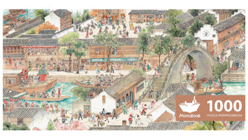 Puzzles For Adults 1000 Pieces, Momibook Jigsaw Puzzles Of Chinese Vintage Village Town Cat, Painting Image 81.3X40.6Cm(32''X16'