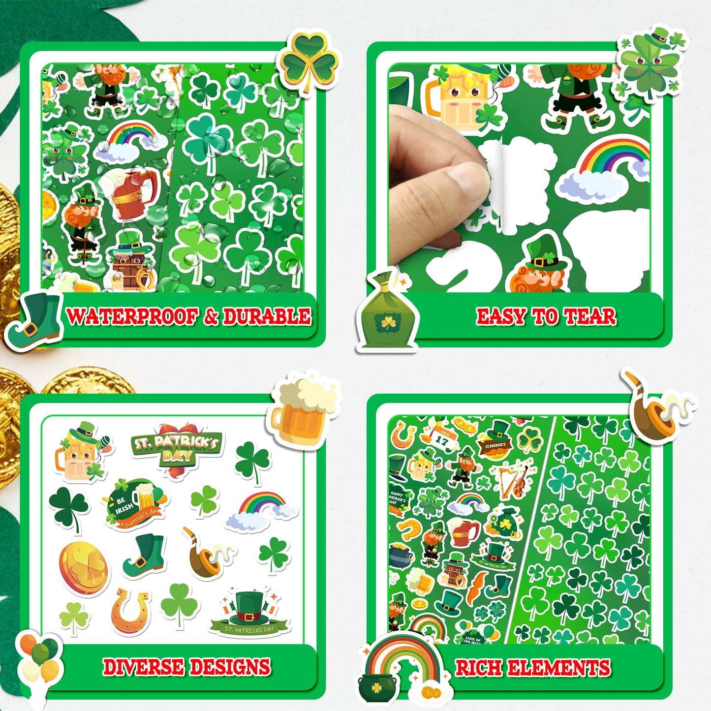 Linaye 1200Pcs St Patricks Day Stickers For Adults Kids, 24 Sheets Cute Shamrock St. Patricks Day Stickers Bulk For Cards Envelo