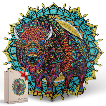 Estroso Wooden Puzzles For Adults - American Bison 200 Piece Wooden Jigsaw Puzzle - 11.2X10.9 Inches - Giftable Wooden Box And C