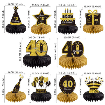 Gexolenu 10Pcs 40Th Birthday Decorations Honeycomb Centerpieces, Gold & Black, For 40 Fabulous Birthday Party