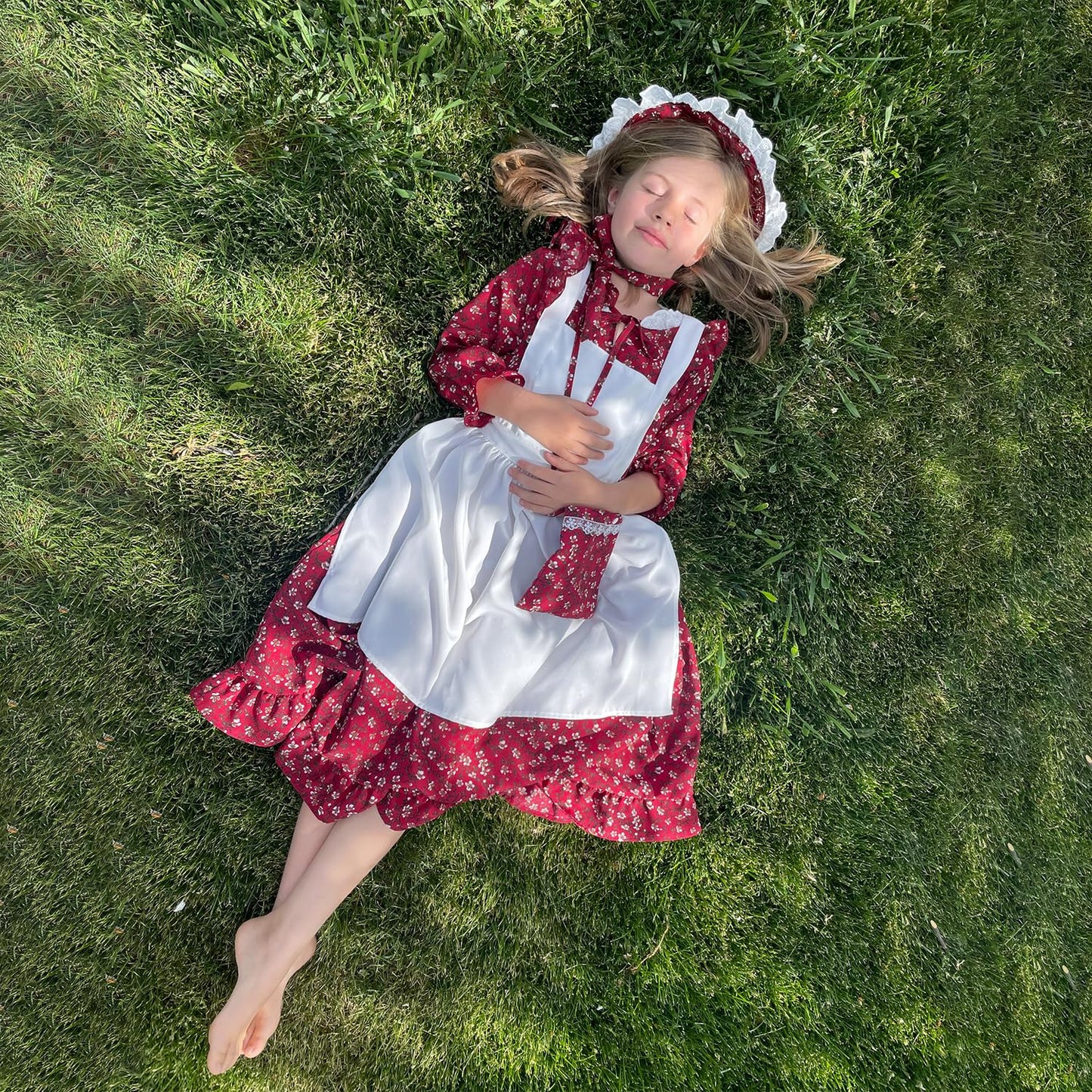 Aoiviss Pioneer Girls Dress Floral Colonial Prairie Costumes For Little Kids With Apron And Bonnet, Dark Red