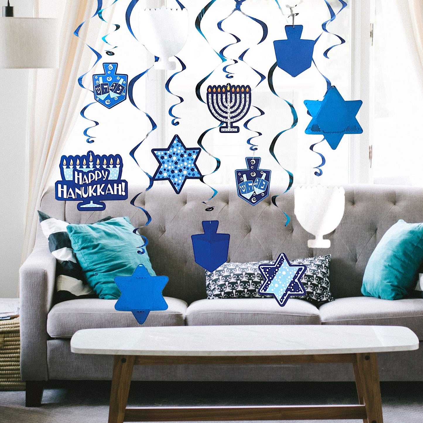 The Dreidel Company Hanukkah Swirl Decorations, Includes 12 Swirls with Foil Hanukkah Cutouts 24 and Swirls Alone Hang 18 (Singl