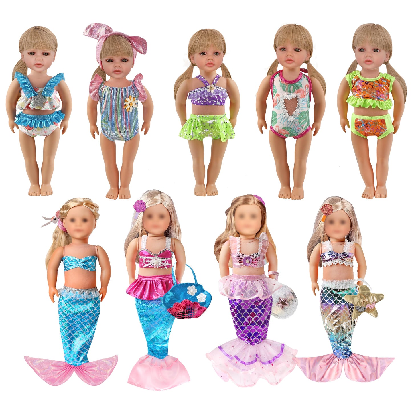 18'' Doll Swimwear Bundle (9 Sets) | Mermaid Tail & Bikini Outfits With Hair Accessories | Summer Water Play Costumes & Party Dr