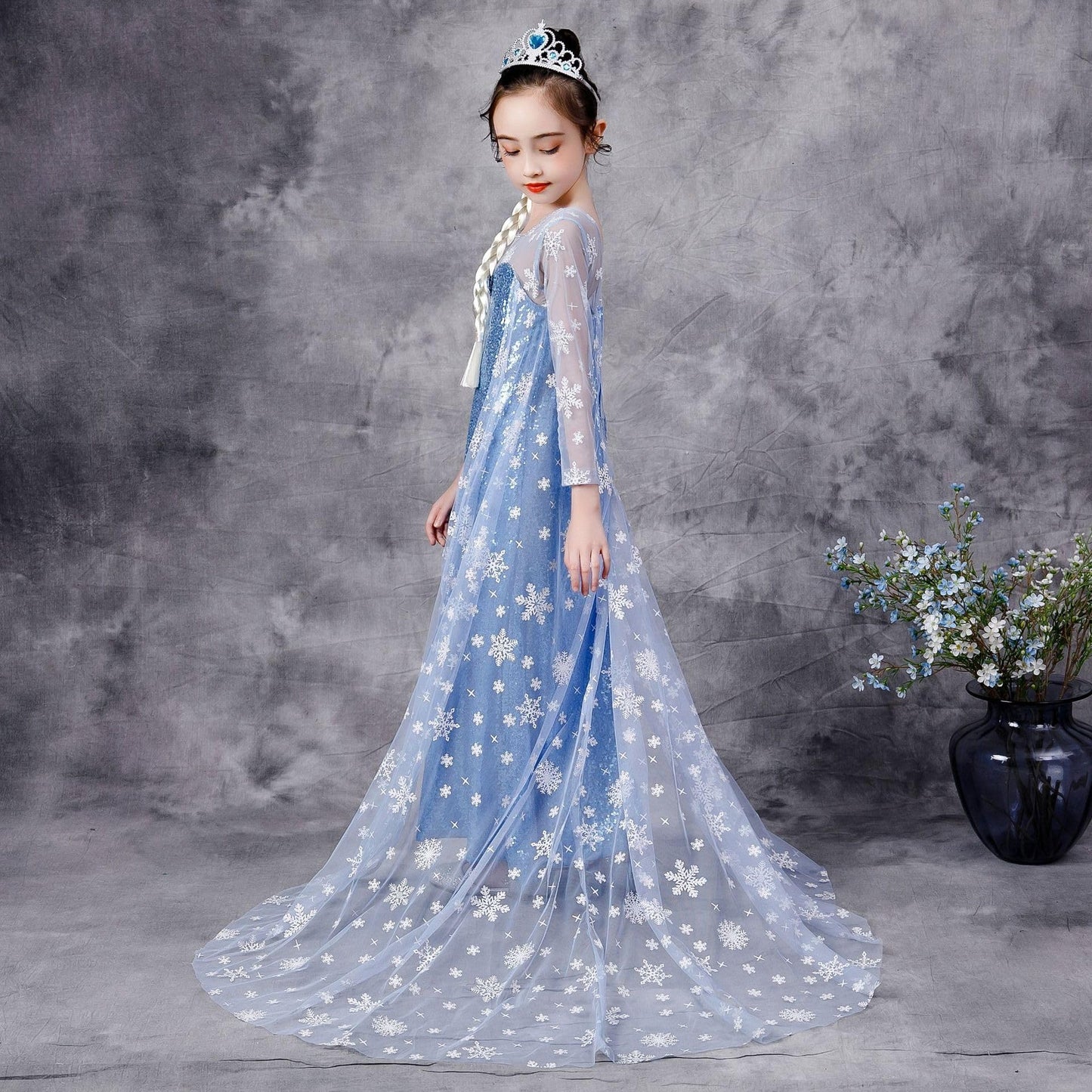 Sototoo Elsa Costume Long Sleeves Princess Dress Queen White Costume Cosplay Dress Up With Accessories Halloween (Navy,10-12Year