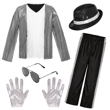 HORTYZON Kids Dance Star Costume Boys 80s Dance Costume 90s Pop Stage Outfits with Glasses Hat Gloves Halloween Cosplay Party (8