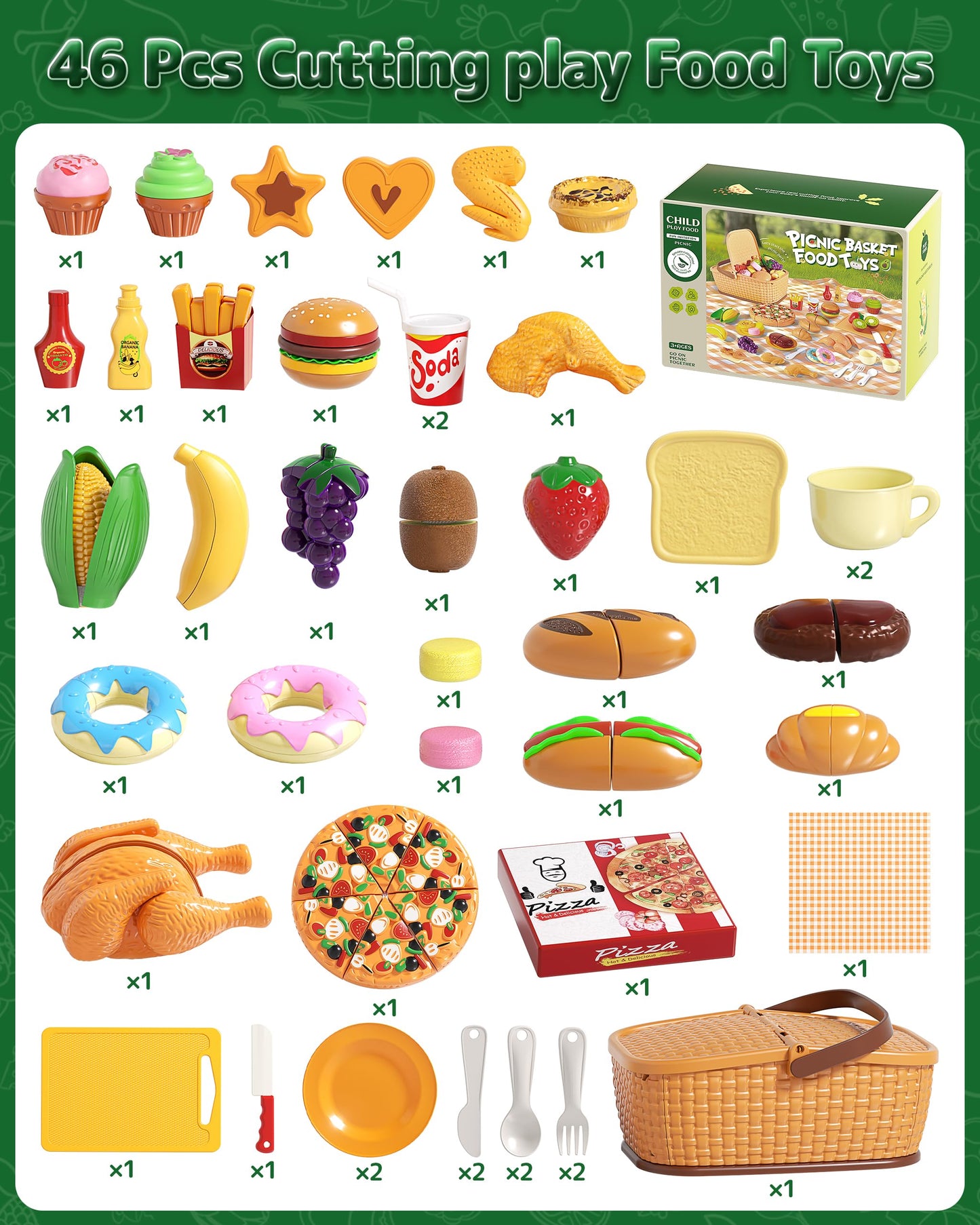 80pcs Pretend Play Food for Kids, Cutting Toy Food Set with Picnic Basket, Play Kitchen Accessories, Food Toys with Veggies, Fru