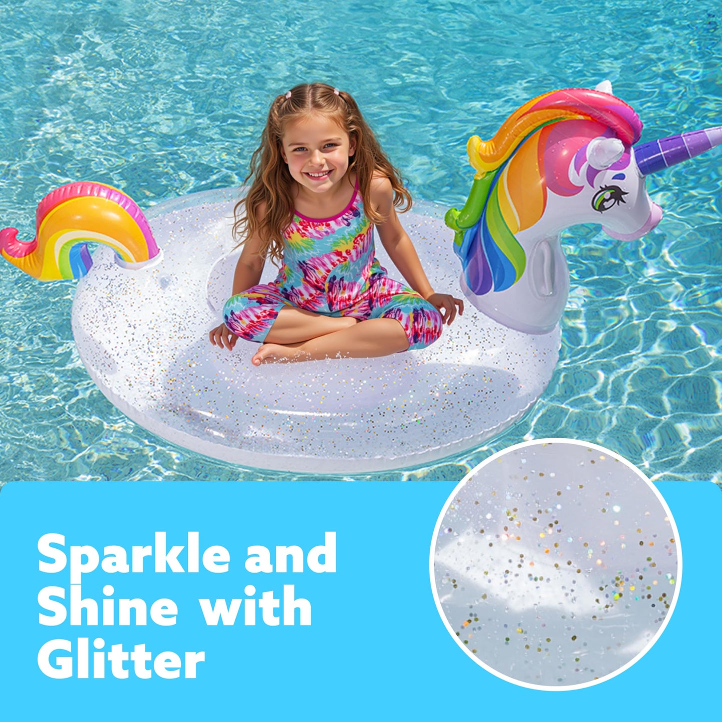 JOYIN Large Inflatable Unicorn Pool Float - Colorful Glitter Ride-On Raft for Kids, Perfect for Summer Pool Parties and Beach Fun