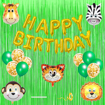 Jungle Theme Birthday Banner Decoration Kit 17 Pcs For Baby Girls Kids Wild Animal Safari Gold Confetti Metallic Balloons Foil C