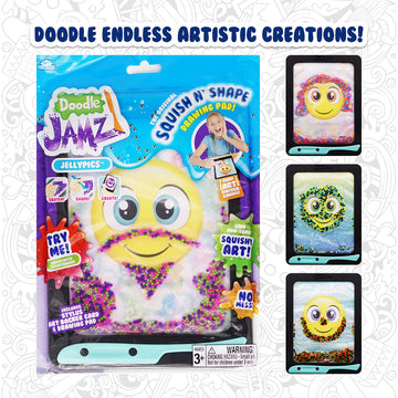 Sky Castle Doodlejamz Jellypics - Sensory Drawing Pads Filled With Non-Toxic Squishy Beads And Gel - Includes Stylus, Removable 2-Sided Emoji Backer Card (Pink, Purple, Green Beads)