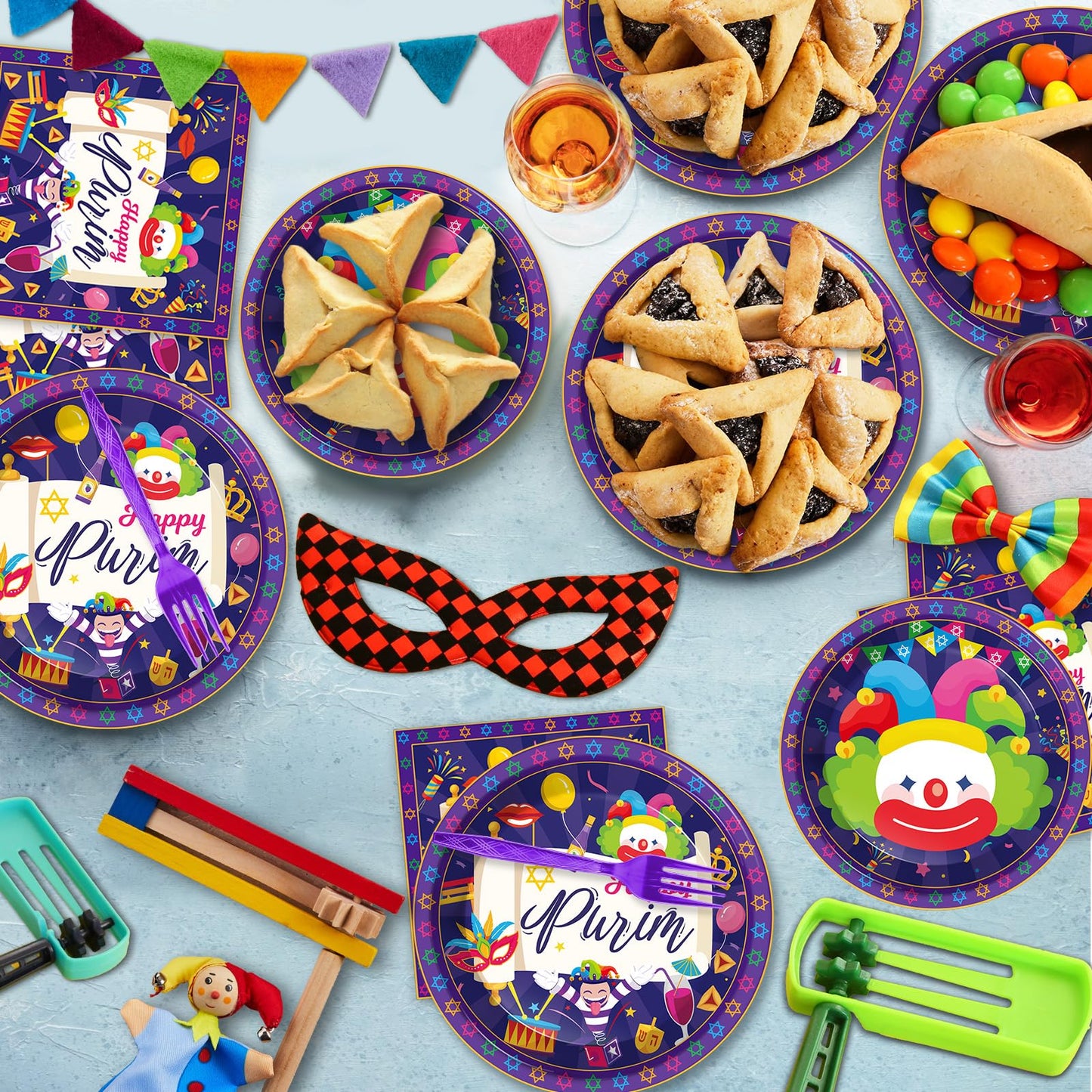 Gisgfim 96 Pcs Happy Purim Plates And Napkins Party Supplies Set Jewish Holiday Carnival Disposable Tableware Decorations Favors