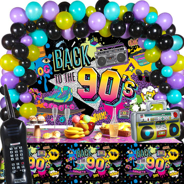 80S 90S 50S Party Decorations 80'S 90'S 50'S Party Bundle Includes Inflatable Radio Boombox And Mobile Phone, Back To 80S 90S 50S Backdrop, Tablecloth, 75 Pcs Balloons For Hip Hop Party(90S Style)