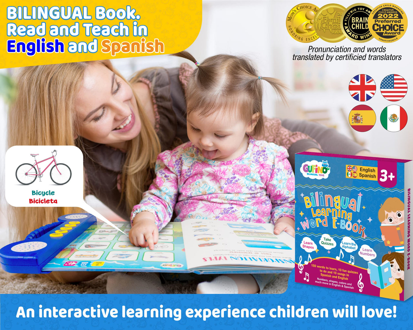 Gufino Bilingual Activity Books For Kids Ages 3-5 - English & Spanish Interactive Workbook Learning Toys: Abcs, Numbers, Shapes,