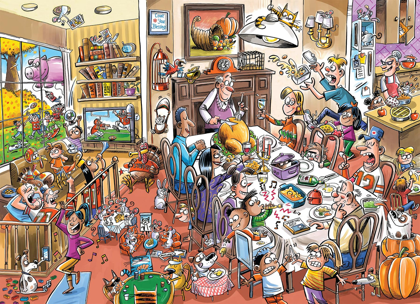Cobble Hill 1000 Piece Puzzle - DoodleTown: Thanksgiving Togetherness - Cardboard, Model 44501, Sample Poster Included