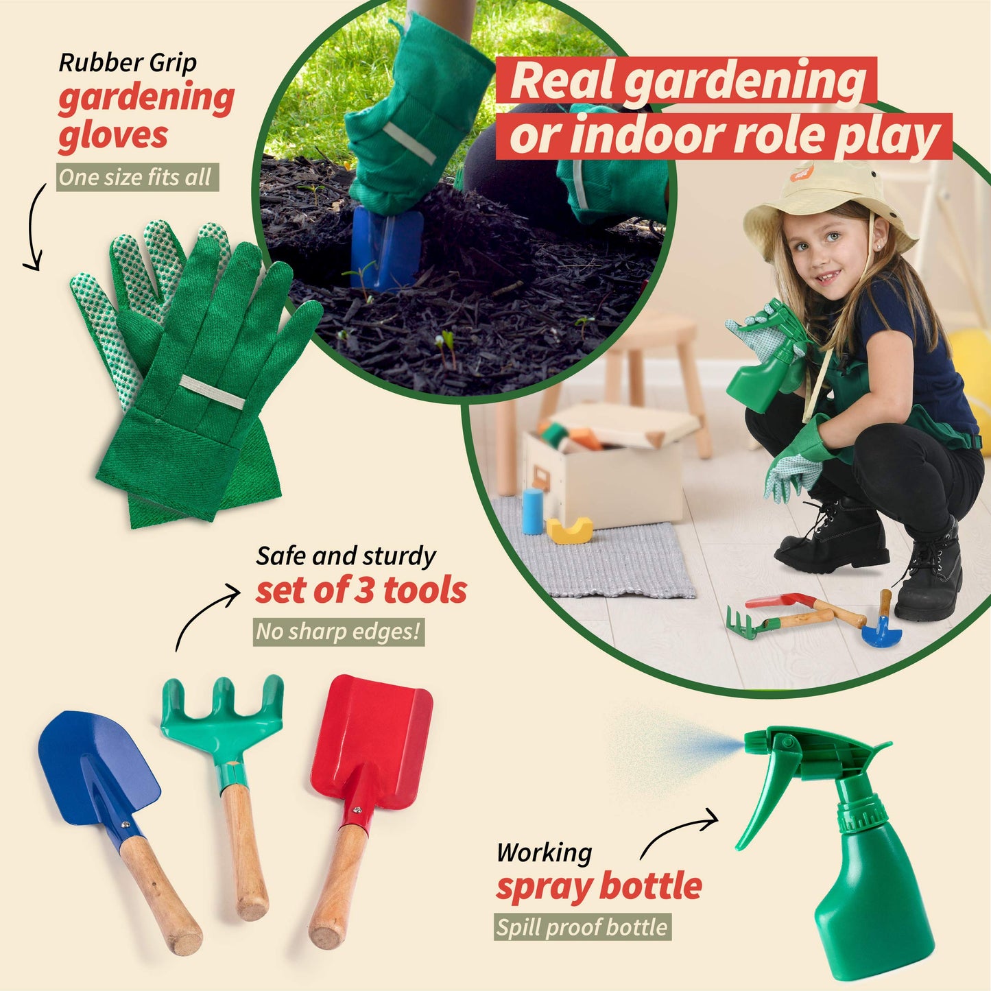 Born Toys Gardening Tool Set for Kids Ages 3-7, Assorted Color, Includes Apron, Hat, Shovel, Gloves - Fun Pretend Play Gardening Set