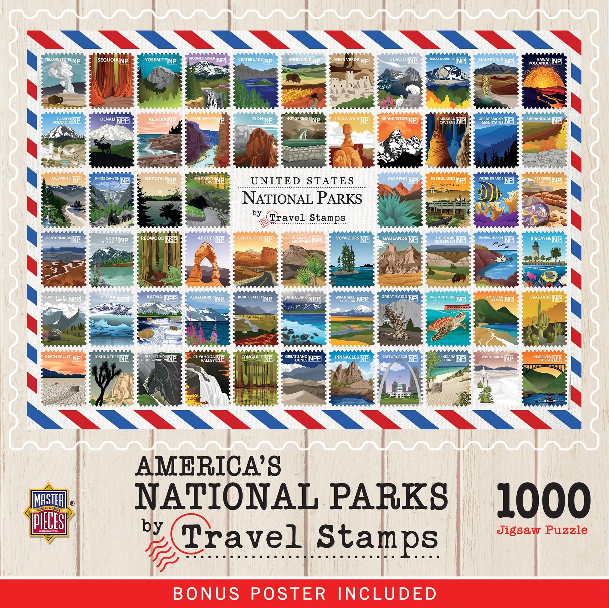 MasterPieces National Parks Travel Stamps 1000 Piece mature-themed Jigsaw Puzzle 19.25 by 26.75